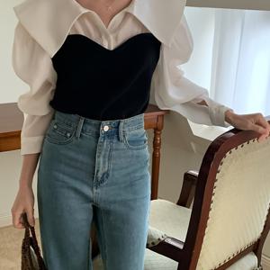 TEMU 여성용 세련된 V넥 블라우스 - 퍼프 슬리브, 블랙 & 화이트 단추 셔츠, 성인용 캐주얼 여름 탑, 캐주얼 여름 탑 | V넥 블라우스 | 단추 셔츠, 여성용 블라우스|나시티|민소매