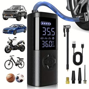 TEMU LED 라이트 및 압력 게이지가 있는 150PSI 무선 타이어 펌프 - 자동차, SUV, 자전거, 오토바이용 USB-C 충전식, 원버튼 설치, 빠른 공기 주입, 블랙, 차량 유지보수 도구, 내구성 플라스틱 바디, 슬림한 디자인