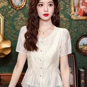 TEMU 여성용 우아한 셔폰 블라우스 - V넥, 반팔, 버튼업, 프릴 디테일, 봄/여름/가을에 완벽한 캐주얼에서 정장까지, 여성용 블라우스