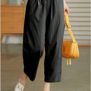 TEMU 여성의 우아한 단색 8/9/10/11/12세대 캐주얼 레그 팬츠, 블랙, 포켓, 탄성 허리, 폴리에스터, 여름 쇼핑 및 휴가에 완벽합니다.|테무쇼핑|냉장고바지|바지