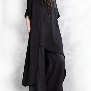 TEMU 여성용 오버사이즈 롱 블라우스 - 우아한 비대칭 밑단, 캐주얼 & 포멀룩을 위한 플로우 시크 셔츠, 일상부터 파티까지 다재다능한 상의, 여름 패션, 라운드넥 탑, 가벼운 소재, 트렌디한 여성용, 통기성 좋은 캐주얼 의상, 스타일리시한 탑, 패션 애호가를 위한