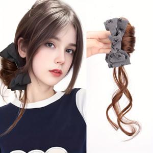 TEMU 여성용 합성 가발 - 볼륨감 있는 컬리 헤어스타일, 다큐 브라운, 업도 포니테일, 일상 및 특별한 날에 어울리는 자연스러운 느낌의 인조 머리카락 연장, 빠른 스타일링 솔루션, 탄력적인 웨이브, 안전한 착용감, 편안한 착용감, 바쁜 여성을 위한 파티 헤어스타일, 한국식 디자인