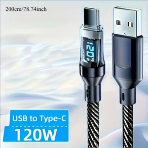 TEMU 120W 초고속 충전 USB A to Type-C 케이블, LED 디지털 디스플레이, 매트 표면, 데이터 동기화, USB 전원 전송, 6A 고전류, for iPhone 15/16, Xiaomi, POCO, Samsung에 호환됩니다.