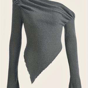TEMU 단색 셔링 비대칭 넥 티셔츠, 봄 & 가을용 캐주얼 행키 헴 롱 슬리브 탑, 여성 의류