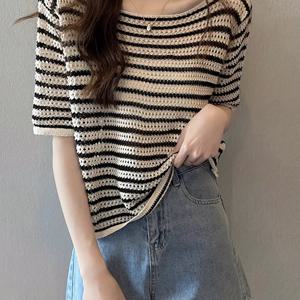 TEMU 여성용 오프숄더 크롭탑 - 반투명 컨트라스트 트림, 통기성 좋은 짧은 소매 블라우스, 봄/여름 캐주얼 & 드레스룩, 장식적인 대비감, 부드러운 질감, 가벼운 원단, 시즌별 옷장, 패션 애호가를 위한 여름 의류
