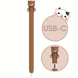 TEMU 귀여운 만화 소 & 복숭아 실리콘 보호 케이스, Apple Pencil 3세대 USB-C용 - 내구성 있고, 자석 부착 호환, 핑크색과 환상적인 디자인