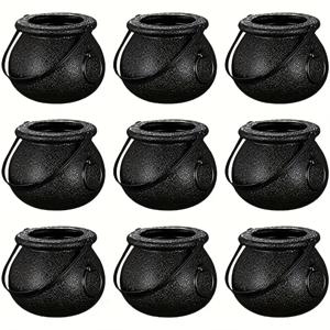 TEMU 9pcs 할로윈 ведь부의 냄비 파티 선물 - 검은 플라스틱 미니 냄비와 뚜껑, 음식 접촉 없음 장식용 그릇, 할로윈 장식, ведь부 모자 선반 및 무서운 파티 용품, 할로윈 장식