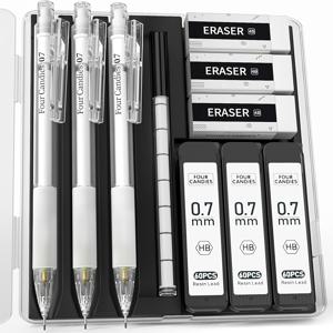 TEMU 3pcs 기계식 연필, 리트렉터블, 내구성 있는 플라스틱, 0.5mm & 0.7mm, 180 HB 연필 리필 및 3개 에이서, 9개 에이서 리필, 쓰기, 그림 그리기, 학생용으로 보호 케이스 포함, 14세 이상