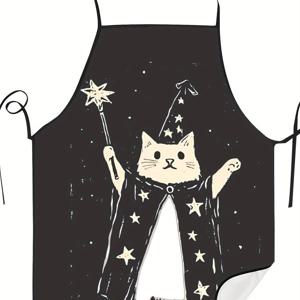 TEMU 기발한 마법사 고양이 성인용 앞치마 - 민소매, 폴리에스테르, 별이 빛나는 밤 & 고양이 마법사 디자인, 집에서 요리하기 & 주방 즐기기에 이상적, 고양이 앞치마