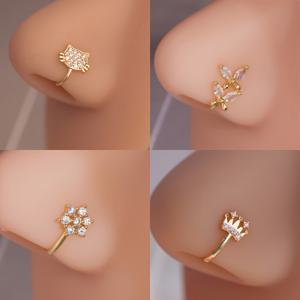 TEMU 4pcs 여성 패션 고양이, 꽃, 나비, 왕관 코 클립 세트 - 금박이 된 청동과 반짝이는 합성 지르코니아, 조절 가능, 뚫지 않음, 빈티지 우아함, 미니멀 디자인, 일상 착용, 휴일, 파티, 가족 및 친구를 위한 추수 감사절 선물에 완벽합니다.|피어싱