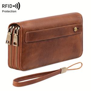 TEMU 포에버 미인 RFID 차단 지퍼 월렛 - 빈티지 브라운 클러치, 손목 스트랩 포함, 이중 레이어 대용량, 신용카드·신분증·현금·휴대폰 다수 카드 슬롯 디자인