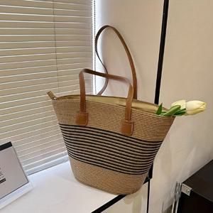 TEMU 세련된 대나무 짠 어깨 토트 백 - 대용량, 지퍼 잠금, 폴리에스터 안감, 스트랩이 있는 다용도 비치 핸드백 (세탁하지 마세요), 여성용 단색 디자인