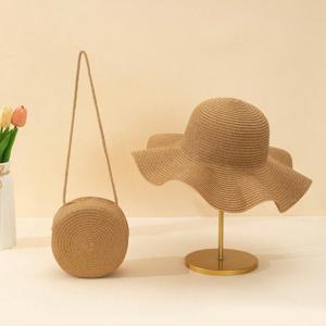 TEMU 스타일 2pcs/세트 여성용 카키 웨이브 브림 비치 선모자 & 라운드 스트로 크로스바디 백, 데일리 휴가 여행 할로윈 보우