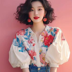 TEMU 여성용 블라우스 - 칼라 & 퍼프 소매가 있는 꽃무늬 셔츠, 비침 방지 오피스/파티/일상용 여성 상의 (플로럴 셔츠), 기계 세탁 가능, 가벼운 원단, 반팔 탑, 트렌디한 여성 티셔츠|블라우스|티셔츠|셔츠