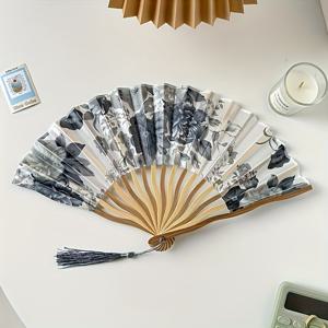 TEMU 새로운 중국 수묵화 접이식 부채 - 우아한 꽃무늬와 술 장식, 여름 휴대용 및 홈 데코, 개인 사용에 완벽한 손잡이 대나무 부채 - 어머니날과 봄/여름 파티를 위한 이상적인 선물