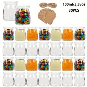 TEMU 10/20/30개 100ml 유리병 뚜껑 포함, 밀크요거트 용기용 유리병, 스트링 및 라벨이 있는 교체용 푸딩 병, 우유, 잼, 젤리, 식료품 저장에 적합
