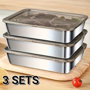 TEMU 스테인리스 스틸 식품 보관 용기 3pcs 세트/4pcs 세트 - 밀폐 방수 도시락, 식기세척기 & 전자레인지 사용 가능, 냉장고/냉동실용 쌓기 가능한 주방 정리 용기|냉동고|전자레인지|식기세척기