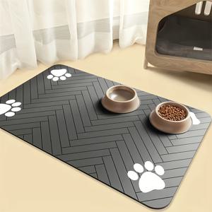 TEMU 1pc 퀵 드라이 다이아토마세스 이arth 애완 동물 사료 매트 - 스플래쉬프루프, 흡수성, 쉬운 청소, 큰 세탁 가능한 검은색 매트, 어류뼈 패턴 및 발 프린트 디자인, 개와 고양이에게 이상적, 애완 동물 사료 매트 | 맞춤형 매트 | 내구성 있는 애완 동물 매트, 애완 동물 액세서리