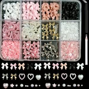 TEMU 12 그리드 3D 네일 아트 장식 키트, 수지 리본이 포함된 플랫 백 진주 세트, 다양한 나비 리본 장식, 빈하트 라인스톤, 하트 화이트 진주 비즈 DIY 3D 네일 디자인, 향이 없는 DIY 공예 장식, 매니큐어용