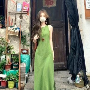 TEMU 빈티지 스타일 그린 민소매 맥시 드레스 - 우아한 V넥, 허리 조임 디자인, 여름용 캐주얼 엘레강스, 플로잉 스커트, 여성용