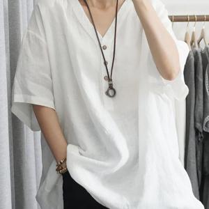 TEMU 여성용 브이넥 빅사이즈 루즈핏 캐주얼 면마 셔츠 반팔 봄 여름 가을 데일리 캐주얼 통기 5부 티셔츠 상의 빈티지 캐주얼 스타일 3색 선택|빅사이즈