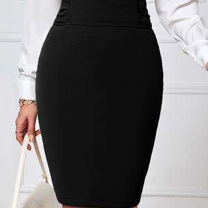 TEMU 우아한 하이웨스트 펜슬 스커트 - 옆면 스플릿 디자인, 여름 니트 폴리에스터 블렌드 (폴리에스터 95%, 엘라스테인 5%) 단색 무릎길이 스커트