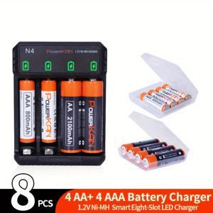 TEMU 배터리 + 충전기 세트, 파워KAN 1.2V 니켈 수소 충전식 AA & AAA 배터리 + N4 충전기, 고용량 AA 배터리 2100mAh x4 & AAA 배터리 800mAh x4 조합 USB 빠른 충전 AA AAA 배터리 충전기