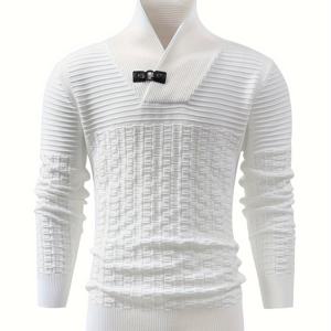 TEMU 아이언 칭기스 OBM 남성 캐주얼 롱 슬리브 니트 스웨터 - 하이넥 리브 텍스처, 100% 폴리에스터, 솔리드 블랙, 레귤러 핏, 버튼 디테일, 가을/겨울용 300gsm