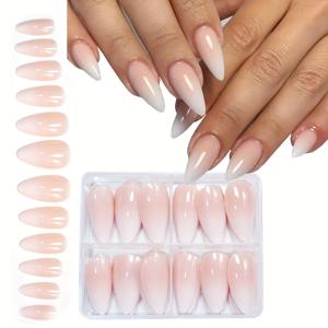 TEMU 그라데이션 네일 시리즈 96pcs 아몬드형 프레스온 네일 패션 심플 세트, 순수 글리터 및 프랑스 디자인 여성용 일상 착용에 적합, 보관함 포함