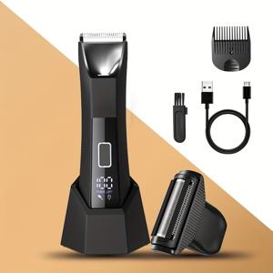 TEMU Createdog 2-in-1 남성용 바디 트리머 & 쉐이버, 이중 헤드 포일 블레이드, 음부, 사타구니, 등용 조명 그루머 - 여행용 잠금장치, 파우치, USB-C 케이블, LCD 디스플레이, 면도 액세서리 포함