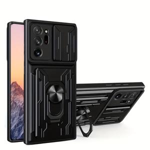 TEMU 삼성 S24 울트라, S23 플러스, S22+, S21 FE, S20, 노트 20 울트라 및 다양한 A 시리즈 모델을 위한 케이스, 카드 홀더 및 카메라 커버를 특징으로, 블랙 색상으로 제공되며 링 킥스탠드가 포함되어 있습니다.
