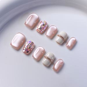 TEMU 10pcs 핸드메이드 스퀘어 짧은 네일 폼 세트, 핑크 글로우 핏, 글리터 및 캣 아이 액센트, 접착 탭 포함