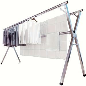TEMU 79인치(약 200.6cm) 건조대, 조립 필요 없음, 사용하기 위해 그냥 열어줍니다. 이 스테인레스 스틸 의류대는 조절 및 접이식으로 세탁 건조를 위한 공간을 절약하며, 실내 및 실외 사용에 모두 적합하며, 30개의 후크가 포함되어 있습니다.|빨래건조대