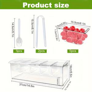 TEMU 1개 투명 플라스틱 냉장 보관함 (뚜껑 포함), 5단 분리형 칸막이, 포크 5개 & 펜치 2개 세트, 샐러드·과일·얼음용, 파티·피크닉·바 장식에 완벽, 휴대하기 쉬운 핸들, 야외 행사용 | 고급스러운 디자인, 내구성 강한 플라스틱, 학교 도시락·점심통