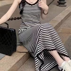 TEMU 2025 봄 신상 여성용 민소매 스파게티 스트랩 드레스 - 슬림핏 긴 줄무늬 A라인 블랙 & 화이트, 세탁기 사용 가능한 캐주얼 휴가 및 비치웨어, 봄/여름용 핏감 좋은 실루엣|여름원피스|여성원피스|나시원피스