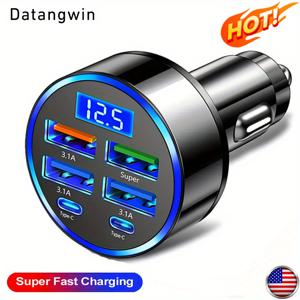TEMU Datangwin, 6-in-1 빠른 자동차 충전기, USB-C, 듀얼 PD & QC3.0, 4 USB 포트, 전압 디스플레이 - iPhone, Samsung, Huawei, Xiaomi와 호환 - 매트 핏, 휴대용 충전기, 자동차 충전, 배터리 없음