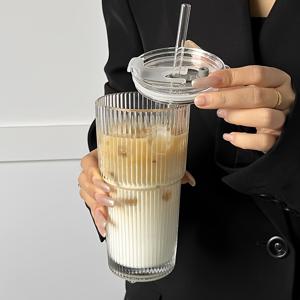 TEMU 1pc 대형 유리 텀블러, 뚜껑 및 마구간 - 수직 리브 디자인, 얼음 커피, 차, 차가운 음료에 완벽 - 사무실, 식사, 캠핑에 적합한 내구성, 재사용 가능, 세련된 유리 텀블러 - 유리 텀블러 | 내구성 있는 유리 용기