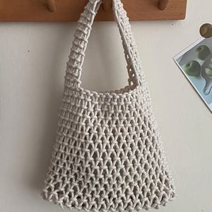 TEMU 1개 여성용 짠 메쉬 비치 토트백 - 가벼운 폴리에스터 숄더백, 고정 스트랩 디자인, 휴가 및 캐주얼 외출용 오픈 탑, 여행용 (화이트/퍼플/그린/블루/블랙) | 안감 없음, 짠 질감