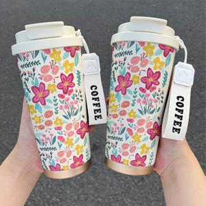 TEMU 530ml 스테인리스 스틸 보온병 컵, 화려한 꽃과 풀 무늬 디자인, 이중벽 진공 단열, BPA 프리, 휴대용 스트랩 포함, 미끄럼 방지 그립, 가정/사무실/운동/여행용, 선물 추천, 스포츠 하이드레이션 텀블러, 고급 보온컵, 사무직원 필수품