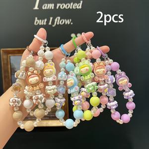 TEMU 2pcs 만화 폰 체인 리리 시리즈 수제 비즈 모바일 폰 펜던트 가방 매력 키체인 - 키체인