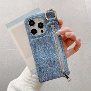 TEMU 리트로 단색 데님 링 버클 지퍼 카드 홀더 스탠드 폰 케이스, for iphone 11 12 13 미니 플러스 프로 맥스 반감 방수 폰 보호 커버와 호환됩니다.|폰케이스|아이폰케이스|케이스