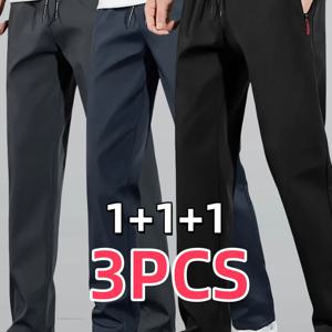 TEMU 3개 세트 남성 캐주얼 애슬레틱 팬츠 - 여름용 가벼운 폴리에스터 조거팬츠, 지퍼 포켓, 레귤러 핏, 하이킹 및 아웃도어 트레이닝 & 데일리웨어 - 기계 세탁 가능 솔리드 컬러, 스포티 디자인, 퀵드리 원단, 액티브 맨즈
