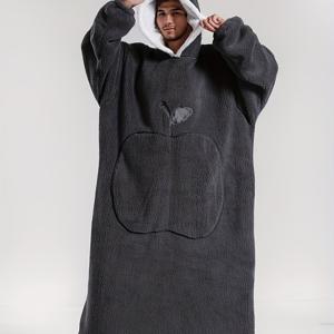TEMU [1pc 오버사이즈 따뜻한 후드 로브 애플 자수] 캐주얼 후드 롱 로브 애플 자수, 폴리에스테르 플리스, 루즈핏, 약간의 스트레치, 단색, 큰 포켓, 가을/겨울 오버사이즈 따뜻한 잠옷 후드 칼라 니트 원단, 두껍다