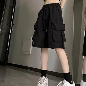 TEMU 여성용 여름 캐주얼 카고 쇼츠 - 루즈핏 와이드 레그 스트리트웨어, 다수의 포켓이 있는 블랙 솔리드 컬러 아웃도어 & 어반 패션, 편안한 멀티포켓 쇼츠|반바지|여름바지|패션