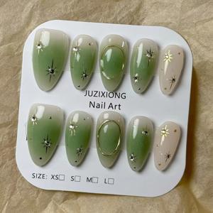 TEMU 10pcs 손으로 만든 아몬드 모양 프레스 온 네일, 녹색 블러시 골드 3D 원 별 폭발 풀 고급 고급성 감정 네일 팁, 광택 마무리, 중간 길이, 자수 없는 색상, 프레스 온 매니큐어 | 우아한 매니큐어 | 반짝이는 액센트