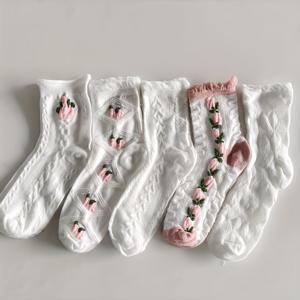 TEMU 여아들을 위한 귀여운 일본풍 단색 양말 5켤레 - 부드러운 폴리에스터, 주름 있는 손목 및 발가락, 꽃과 기하학적 패턴, 전 сез존 편안함, 손세탁 가능, 손세탁 가능 양말 | 재미있는 양말 디자인 | 니트 질감