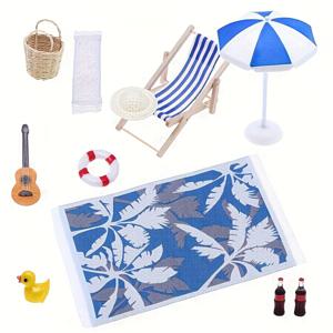 TEMU 11pcs 미니어처 여름 해변 액세서리 세트 - 해변 의자, 우산, 수건, 바구니, 수영복, 고무 오리, 우쿠렐레 포함 - 모형 집 장식 및 모형 집 장식에 이상적이며 완벽한 휴일 또는 생일 선물, 해변 장면 장식|재미있는 고무 오리|내구성 있는 플라스틱, 해변 액세서리
