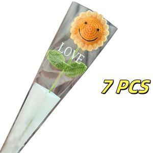 TEMU 7개 수제 크로셰 스마일 페이스 부케 - 생생한 노란 꽃잎 & 진갈색 중심, 녹색 잎사귀가 있는 폴리에스터 인조꽃 - 홈 데코, 테이블 디스플레이용 컨테이너 포함, 크리스마스, 추수감사절, 어머니날 선물용, 배터리 불필요, 사랑으로 제작된 장식품