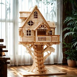 TEMU 나무 나무하우스 건축 모델 DIY 창의적인 건축 블록 3D 퍼즐 장난감 할로윈 크리스마스 선물 수제 교육