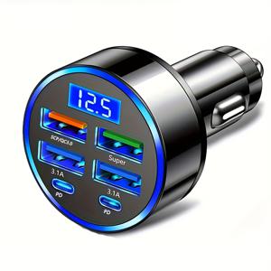 TEMU 6-in-1 USB-C 듀얼 PD & QC3.0, 4개 USB 포트, 전압 디스플레이 - 아이폰, 화웨이, 샤오미 호환 - 매트 마감 휴대용 차량용 충전기, 자동차 어댑터
